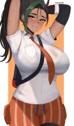 Rule 34 | 1girl, absurdres, alternate breast size, arms behind head, arms up, bad id, bad pixiv id, bag, black hair, blush, border, bra visible through clothes, breast pocket, breasts, collared shirt, commentary, cowlick, creatures (company), curvy, dark-skinned female, dark skin, edmun6969, elbow gloves, forehead, freckles, game freak, gloves, green hair, grin, highres, large breasts, long hair, looking at viewer, multicolored hair, necktie, nemona (pokemon), nintendo, orange eyes, orange necktie, orange shorts, pantyhose, pantyhose under shorts, pocket, pokemon, pokemon sv, ponytail, shirt, short sleeves, shorts, shoulder bag, single elbow glove, smile, solo, streaked hair, striped clothes, striped shorts, sweat, tan, teeth, white border, white shirt, wide hips