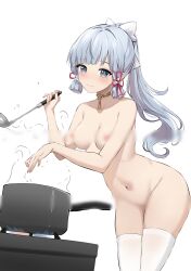 Rule 34 | 1girl, absurdres, ayaka (genshin impact), blunt bangs, blur censor, censored, censored nipples, cooking, feint721, genshin impact, highres, holding, holding ladle, ladle, leaning forward, long hair, navel, nude, paid reward available, ponytail, solo, thighhighs, white hair, white thighhighs