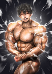 Rule 34 | 1boy, abs, bikini briefs, black background, black hair, bursting pectorals, closed eyes, collarbone, commentary request, dumbbell nan kilo moteru?, flexing, holding own wrist, lif (lif &amp; ref), machio naruzou, male focus, male underwear, manly, messy hair, motion blur, muscular, open mouth, pectorals, realistic, side chest pose, smile, solo, underwear, veins