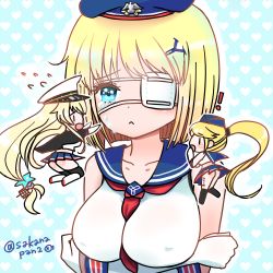 Rule 34 | !, 3girls, bad id, bad pixiv id, beret, black legwear, blonde hair, blue eyes, chibi, chibi inset, commentary request, crying, crying with eyes open, enterprise (warship girls r), eyepatch, garrison cap, hair ornament, hairclip, hat, hornet (warship girls r), long hair, low-tied long hair, lowres, medical eyepatch, multiple girls, open mouth, peaked cap, ponytail, short hair, tears, thighhighs, twitter username, warship girls r, yorktown (warship girls r)