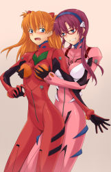 Rule 34 | 00s, 2girls, :o, bad id, bad pixiv id, between breasts, between legs, blue eyes, blush, bodysuit, bracer, breasts, cowboy shot, evangelion: 2.0 you can (not) advance, from side, glasses, gloves, grabbing, grabbing another&#039;s breast, grabbing from behind, grey background, grin, hair between eyes, hair ornament, hair over shoulder, hairband, highres, long hair, looking at another, low twintails, makinami mari illustrious, medium breasts, multiple girls, naughty face, neon genesis evangelion, open mouth, orange hair, parted bangs, pilot suit, plugsuit, prime, purple hair, rebuild of evangelion, red-framed eyewear, simple background, skinny, smile, souryuu asuka langley, surprised, turtleneck, twintails, two side up, wide-eyed, yuri
