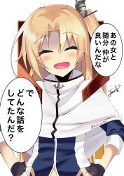 Rule 34 | 1girl, ^ ^, azur lane, blonde hair, cleveland (azur lane), cloak, closed eyes, false smile, fingerless gloves, gloves, hands on own hips, highres, japanese text, jazz (fuukan), long hair, long sleeves, looking at viewer, open mouth, signature, smile, solo, speech bubble, translated, twitter username, yandere