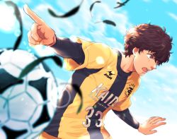 Rule 34 | 1boy, :o, ao ashi, aoi ashito, ball, blue sky, blurry, blurry foreground, brown eyes, brown hair, day, feathers, ika choco, lens flare, male focus, open mouth, outdoors, pointing, pointing to the side, sky, soccer ball, soccer uniform, sportswear, wavy hair