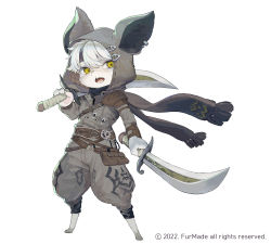 Rule 34 | 1other, animal ears, animal hood, bad id, bad pixiv id, belt, belt pouch, brown belt, brown scarf, copyright request, dual wielding, earrings, full body, furry, grey jumpsuit, highres, holding, holding sword, holding weapon, hood, hood up, jewelry, jumpsuit, looking at viewer, official art, over shoulder, oyabuli, pouch, scarf, simple background, sword, watermark, weapon, weapon over shoulder, white background, white hair, yellow eyes