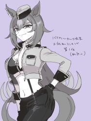 Rule 34 | 1girl, animal ears, arm at side, ascot, breasts, byerley turk (umamusume), byerley turk (umamusume) (cosplay), closed mouth, cosplay, crop top, cropped jacket, garrison cap, greyscale with colored background, hand on own hip, hat, highres, horse ears, jacket, long hair, long sleeves, looking at viewer, medium breasts, midriff, navel, open clothes, open jacket, panipuri, pants, purple background, simple background, sirius symboli (umamusume), smile, solo, suspenders, translation request, umamusume