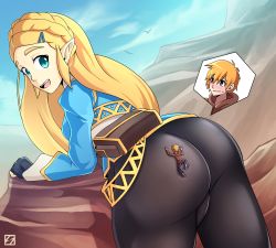Rule 34 | 1boy, 1girl, ass, blonde hair, blue eyes, blush, breasts, fingerless gloves, from behind, giant, giantess, gloves, green eyes, half updo, highres, hood, long hair, looking back, mini person, miniboy, nightingale122, nintendo, pants, princess zelda, shiny clothes, shirt, short hair, sideboob, smile, the legend of zelda, the legend of zelda: breath of the wild, very long hair