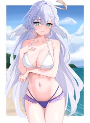 Rule 34 | 1girl, absurdres, bare arms, bare shoulders, bikini, blue sky, breasts, cleavage, cloud, collarbone, commentary, cowboy shot, day, green eyes, grey hair, hand on own chest, highres, honkai: star rail, honkai (series), k4zex, large breasts, long hair, looking at viewer, mismatched bikini, nail polish, navel, pink nails, robin (honkai: star rail), sky, smile, solo, standing, stomach, swimsuit, thighs, very long hair