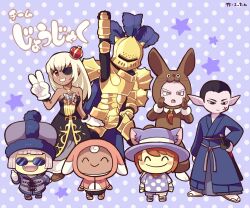 Rule 34 | 3boys, 4girls, animal costume, arm up, armor, black dress, black hair, blue background, blue headwear, blue kimono, brown eyes, brown hair, closed eyes, closed mouth, crown, dragon quest, dragon quest x, dress, elf (dq10), eyepatch, fangs, full armor, gloves, grey eyes, grey hair, happy, hood, hood up, hooded jacket, jacket, japanese clothes, kimono, knight, kotorai, mini crown, multiple boys, multiple girls, open mouth, pink jacket, pointy ears, polka dot, polka dot background, polka dot shirt, puklipo, rabbit costume, scar, scar on face, shirt, short hair, shouting, smile, sunglasses, sword, translation request, v, weapon, white gloves, white hair