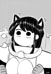 Rule 34 | 1girl, puff of air, animal ears, armor, blush, cat ears, commentary, crossover, ear wiggle, english commentary, gloves, greyscale, halftone, komi-san wa komyushou desu, komi shouko, long hair, lutherniel, monochrome, no mouth, outline, signature, adepta sororitas, solo, upper body, warhammer 40k, white outline, wide-eyed