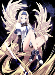 Rule 34 | 1girl, arc system works, black gloves, blonde hair, blue eyes, boots, bottomless, censored, convenient censoring, crossed legs, elbow gloves, fingerless gloves, gloves, guilty gear, guilty gear x, guilty gear xx, hairband, headband, legs, long hair, millia rage, prehensile hair, satomi (black scarecrow), sitting, solo, very long hair