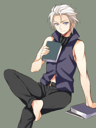 Rule 34 | 1boy, barefoot, blue eyes, book, capcom, devil may cry (series), devil may cry 3, karukanko, looking at viewer, male focus, short hair, sitting, sleeveless, smile, solo, vergil (devil may cry), white hair