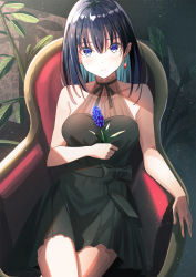 Rule 34 | 1girl, armchair, bare shoulders, black bow, black dress, black hair, black ribbon, blue eyes, blue flower, blue hair, blush, bow, breasts, chair, closed mouth, collarbone, crossed legs, dress, earrings, expressionless, feet out of frame, flower, highres, holding, holding flower, jewelry, koh rd, looking at viewer, medium breasts, multicolored hair, neck ribbon, original, ribbon, see-through, single earring, sitting, sleeveless, sleeveless dress, solo, two-tone hair