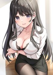 Rule 34 | 1girl, black bra, black hair, black skirt, bra, breast hold, breasts, brown pantyhose, buttons, cleavage, collared shirt, dress shirt, highres, jewelry, large breasts, long hair, long sleeves, looking at viewer, miniskirt, mole, mole under eye, necklace, open mouth, original, oryo (oryo04), pantyhose, pencil skirt, purple eyes, shirt, sitting, skirt, smile, solo, underwear, white shirt, wristband