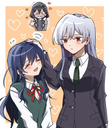 3girls :d ^_^ black_hair black_jacket blue_hair chibi chibi_inset closed_eyes commentary_request eiai_nano expressionless facing_another flying_sweatdrops green_necktie green_sweater_vest grey_hair hair_between_eyes hand_on_another&#039;s_head haraga_kurumi headpat heart heart_background highres hiiro_(kiiro_ex) hood hood_up jacket kimi_no_koto_ga_dai_dai_dai_dai_daisuki_na_100-nin_no_kanojo long_sleeves looking_at_another multiple_girls neck_ribbon necktie open_mouth orange_background red_eyes red_ribbon ribbon shirt simple_background smile so_moe_i&#039;m_gonna_die! sweater_vest trembling upper_body white_shirt wing_collar yoshimoto_shizuka