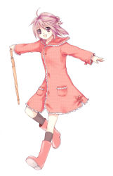 Rule 34 | 1girl, :d, ahoge, boots, closed umbrella, coat, open mouth, original, outstretched arms, pink eyes, pink footwear, pink hair, raincoat, rubber boots, short hair, smile, solo, spread arms, umbrella, usashiro mani