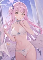Rule 34 | 1girl, absurdres, angel wings, blue archive, blush, bow, breasts, cleavage, collarbone, hair bun, hair ornament, halo, highres, indoors, long hair, looking at viewer, low wings, medium breasts, mika (blue archive), mochiko (uyu omochi), navel, panties, pink hair, side up bun, single side bun, solo, stomach, underwear, underwear only, very long hair, white bow, white panties, white wings, wings, yellow eyes