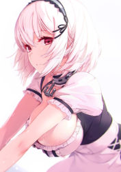 Rule 34 | 1girl, anchor choker, apron, azumi akitake, azur lane, breasts, breasts day, collar, commentary, frilled collar, frilled hairband, frills, hairband, highres, large breasts, looking at viewer, red eyes, short hair, short sleeves, simple background, sirius (azur lane), solo, upper body, white background, white hair