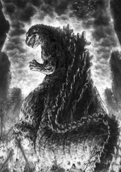 Rule 34 | back, building, city, claws, destruction, dinosaur, fangs, fire, giant, godzilla, godzilla (series), gojira, highres, kaijuu, long image, looking at viewer, looking back, monochrome, monster, no humans, open mouth, profile, roaring, scales, solo, spikes, standing, tail, tatsuya (atelier road), toho