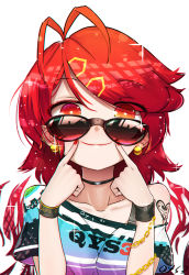 Rule 34 | 1girl, ahoge, artist name, bare shoulders, choker, earrings, heart, heart tattoo, highres, jewelry, long hair, looking at viewer, nail polish, original, qys3, red eyes, red hair, signature, simple background, smile, solo, sparkle, stud earrings, sunglasses, tattoo, tian ling (qys3), white background