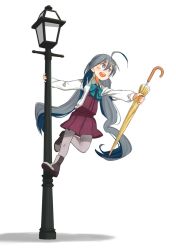 Rule 34 | 10s, 1girl, ahoge, bad id, bad twitter id, boots, bow, closed umbrella, commentary request, dress, grey hair, holding, holding umbrella, kantai collection, kitsuneno denpachi, kiyoshimo (kancolle), lamppost, leg up, long hair, low twintails, open mouth, pantyhose, purple eyes, shirt, singin&#039; in the rain, sleeveless, sleeveless dress, solo, twintails, umbrella, very long hair, white background