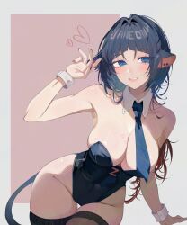 absurdres animal_ears black_hair black_leotard blunt_bangs breasts character_name cleavage detached_collar groin highleg highres jane_doe_(zenless_zone_zero) large_breasts leaning leotard looking_at_viewer medium_hair mouse_ears mouse_girl mouse_tail ms._tsu necktie tail zenless_zone_zero