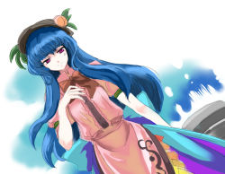 Rule 34 | 1girl, blue hair, dress, female focus, flat chest, food, fruit, gradient background, hat, hinanawi tenshi, long hair, nanami sano, peach, red eyes, ribbon, solo, touhou, white background