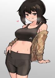 Rule 34 | 1girl, arm support, black eyes, black hair, black shorts, black sports bra, blush, breasts, condom, condom wrapper, cowboy shot, gradient background, grin, heart, highres, holding, holding condom, large breasts, long sleeves, looking at viewer, midriff, navel, off shoulder, original, ponytail, shorts, smile, solo, sports bra, xerbatt