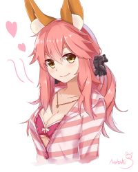 Rule 34 | 10s, 1girl, animal ears, artist name, black ribbon, bra, breasts, collarbone, fate/extra, fate (series), fox ears, hair ribbon, heart, hood, hoodie, jewelry, looking at viewer, low twintails, medium breasts, nahaki, necklace, official alternate costume, open clothes, open fly, open shirt, pink bra, pink hair, ribbon, shirt, sin-poi, smile, solo, striped clothes, striped hoodie, striped shirt, tamamo (fate), tamamo no mae (fate/extra), tamamo no mae (spring casual) (fate), twintails, underwear, white background, yellow eyes