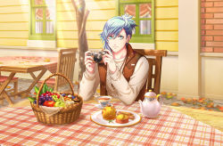 Rule 34 | 1boy, apple, asymmetrical bangs, autumn leaves, basket, blue eyes, blue hair, brick wall, brown jacket, cake, camera, chair, cherry, cobblestone, cookie, cup, elbows on table, food, fruit, garnish, grapes, high ponytail, highres, holding, holding camera, jacket, jewelry, looking at viewer, male focus, mikaze ai, mont blanc (food), official art, outdoors, pendant, plate, pov across table, short ponytail, sitting, sleeveless, sleeveless jacket, smile, solo, sunlight, sweater, table, tablecloth, tea, teacup, teapot, third-party source, tree, upper body, uta no prince-sama, uta no prince-sama: shining live, white sweater, window, wooden chair, wooden table