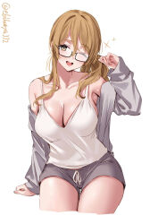 Rule 34 | 1girl, black-framed eyewear, blush, breasts, brown eyes, camisole, collarbone, cropped legs, drawstring, ebifurya, glasses, grey jacket, grey shorts, hair between eyes, hand up, highres, jacket, kantai collection, large breasts, light brown hair, littorio (kancolle), long hair, long sleeves, looking at viewer, one-hour drawing challenge, one eye closed, open clothes, open jacket, open mouth, semi-rimless eyewear, short shorts, shorts, sidelocks, simple background, smile, solo, sparkle, teeth, thigh gap, thighs, twitter username, upper teeth only, white background, white camisole