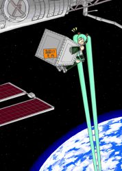 Rule 34 | 1/6 -out of the gravity- (vocaloid), 1girl, absurdly long hair, commentary, crate, earth (planet), green hair, hatsune miku, ichigo mei, long hair, planet, satellite, solo, space, star (symbol), thighhighs, very long hair, vocaloid