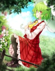 Rule 34 | 1girl, aka tawashi, ascot, black footwear, black pantyhose, blue sky, blush, breasts, cloud, commentary request, day, dutch angle, flower, full body, grass, green hair, hair between eyes, highres, holding, holding umbrella, kazami yuuka, leaf, loafers, long sleeves, looking at viewer, medium breasts, on one knee, outdoors, pantyhose, parted lips, petticoat, pink flower, plaid, plaid skirt, plaid vest, red eyes, red skirt, red vest, shirt, shoes, short hair, skirt, skirt set, sky, solo, touhou, umbrella, vest, white flower, white shirt, white umbrella, wing collar, yellow ascot, yellow flower