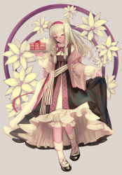 Rule 34 | 1girl, animal ears, arknights, bear ears, bear girl, black dress, black footwear, braid, brown jacket, clothes lift, dress, dress lift, flats, flower, food, frilled hairband, frills, full body, green eyes, green hair, grey background, hair flower, hair ornament, hairband, hemorina, highres, holding, holding plate, istina (arknights), istina (bibliosmia) (arknights), jacket, lifting own clothes, long hair, long sleeves, monocle, neckerchief, official alternate costume, open clothes, open jacket, pancake, pancake stack, plate, red hairband, red neckerchief, side braids, simple background, socks, solo, standing, traditional clothes, white flower, white socks