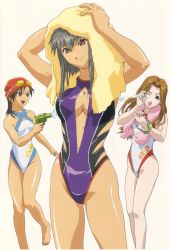 Rule 34 | 00s, 3girls, absurdres, breasts, casual one-piece swimsuit, cleavage, cleavage cutout, clothing cutout, competition swimsuit, drying, endou lorna, ex-driver, goggles, goggles on head, happy, highres, kazama rei, multiple girls, one-piece swimsuit, sakakino lisa, scan, smile, swim cap, swimsuit, towel, water gun, wince