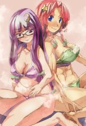 Rule 34 | 2girls, bare legs, bespectacled, bikini, black-framed eyewear, blue eyes, braid, breasts, cleavage, crescent, crescent hair ornament, glasses, hair ornament, hong meiling, large breasts, long hair, medium breasts, multiple girls, no headwear, patchouli knowledge, plump, purple eyes, purple hair, red hair, smile, star (symbol), star hair ornament, swimsuit, touhou, twin braids, weight conscious, yohane