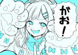 Rule 34 | 1girl, :d, absurdres, aiba uiha, animal hands, blue background, blue bow, blush, bow, braid, fur-trimmed gloves, fur trim, gloves, hair ornament, hairclip, highres, jacket, looking at viewer, monochrome, nijisanji, open mouth, paw gloves, simple background, smile, sofra, solo, teeth, translated, upper body, upper teeth only, virtual youtuber