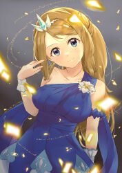 Rule 34 | 1girl, absurdres, armband, blonde hair, blue dress, blue eyes, blush, breasts, collarbone, creatures (company), dress, game freak, gradient background, hand up, highres, kamonohashi (19881001), long hair, looking at viewer, medium breasts, nintendo, official alternate costume, pokemon, pokemon masters ex, ponytail, serena (champion) (pokemon), serena (pokemon), smile, solo, upper body, wrist cuffs