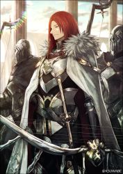 Rule 34 | 1boy, arch, architecture, armor, board game, bow, breastplate, cloak, closed eyes, cloud, column, commentary request, fate/grand order, fate (series), full armor, fur trim, gauntlets, helmet, holding, holding weapon, k-suwabe, leg armor, lens flare, long hair, parted bangs, pillar, red hair, shield, sky, solo focus, tristan (fate), twitter username, weapon