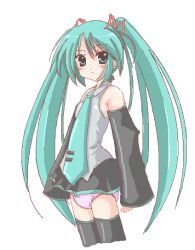 Rule 34 | 1girl, 2000s (style), aqua eyes, aqua hair, aqua necktie, bare shoulders, black skirt, black sleeves, black thighhighs, blouse, breasts, closed mouth, collared shirt, cowboy shot, detached sleeves, diaper, female focus, grey shirt, hair ornament, hair ribbon, hatsune miku, long hair, looking at viewer, lowres, miniskirt, necktie, pink diaper, pleated skirt, pout, ribbon, shirt, simple background, skirt, sleeveless, sleeveless shirt, sleeves past wrists, small breasts, solo, standing, thighhighs, twintails, very long hair, vocaloid, white background