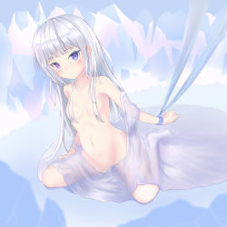 Rule 34 | 1girl, blue eyes, blush, breasts, closed mouth, hair censor, heterochromia, highres, long hair, looking at viewer, navel, nude, original, parufeito, purple eyes, sidelocks, sitting, small breasts, solo, stomach, wariza, white hair, white theme