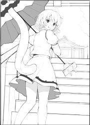 Rule 34 | 1girl, :q, absurdres, blush, closed mouth, commentary, dobostorte, feet out of frame, from behind, highres, holding, holding umbrella, juliet sleeves, karakasa obake, long sleeves, looking at viewer, looking back, monochrome, oil-paper umbrella, on stairs, outdoors, puffy sleeves, shirt, short hair, shrine, sketch, skirt, smile, solo, split mouth, standing, tatara kogasa, tongue, tongue out, touhou, umbrella