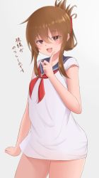Rule 34 | 1girl, 88942731ne, black sailor collar, brown eyes, brown hair, commentary request, contrapposto, cowboy shot, dress, folded ponytail, highres, inazuma (kancolle), kantai collection, long hair, looking at viewer, neckerchief, red neckerchief, sailor collar, sailor dress, simple background, solo, translated, white background, white dress