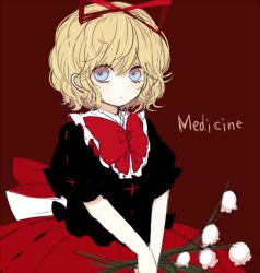 Rule 34 | 1girl, bianco (mapolo), blonde hair, blue eyes, bow, character name, colorized, flower, hair ornament, hair ribbon, lily of the valley, looking at viewer, medicine melancholy, puffy sleeves, red background, ribbon, shirt, short hair, short sleeves, simple background, sitting, sketch, skirt, solo, touhou, vest