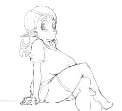 Rule 34 | 1girl, absurdres, alternate breast size, ass, black eyes, chronoa, crossed legs, dragon ball, dragon ball heroes, dragon ball xenoverse, earrings, eyebrows, highres, jewelry, kappa spark, looking at viewer, monochrome, naked shirt, pointy ears, potara earrings, shirt, short hair, simple background, sitting, solo, supreme kai of time, teeth, thick thighs, thighs