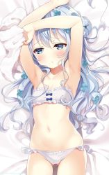 Rule 34 | 1girl, :t, armpits, arms up, bare arms, bare shoulders, blue eyes, blue flower, blue hair, blush, bow, bow bra, bra, breasts, closed mouth, collarbone, commentary request, flower, frilled bra, frills, gluteal fold, gochuumon wa usagi desu ka?, groin, hair between eyes, hair flower, hair ornament, highres, holding, holding towel, kafuu chino, long hair, lying, navel, neki (wakiko), on back, panties, pout, small breasts, solo, towel, underwear, underwear only, very long hair, white bra, white panties