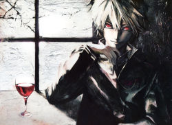 Rule 34 | 1boy, absurdres, alcohol, banpai akira, blonde hair, faux traditional media, fortune arterial, glass, glasses, highres, looking at viewer, male focus, red eyes, sendou iori, short hair, solo, window, wine