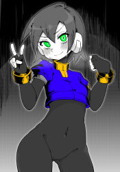 Rule 34 | 1girl, absurdres, aile (mega man zx), blue jacket, blush, bodysuit, bodysuit under clothes, buzzlyears, commentary, covered navel, cowboy shot, cropped jacket, gluteal fold, green eyes, highres, jacket, looking at viewer, mega man (series), mega man zx, monochrome, navel, robot ears, short hair, solo, spot color, sweat, v