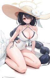 Rule 34 | 1girl, absurdres, arm support, black hair, blue archive, breasts, curvy, hair over one eye, halo, hat, highres, hinata (blue archive), hinata (swimsuit) (blue archive), large breasts, legs, long hair, looking at viewer, malon (chuan2700), one-piece swimsuit, red eyes, simple background, solo, swimsuit, thick thighs, thighs, white background, white one-piece swimsuit