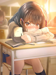 Rule 34 | 1girl, blue skirt, blurry, blurry background, blush, brown eyes, brown hair, brown sweater, classroom, closed mouth, desk, ear blush, embarrassed, frown, hair between eyes, hair ornament, hairclip, holding, indoors, long hair, long sleeves, looking at viewer, miniskirt, original, pen, pleated skirt, school uniform, skirt, solo focus, sticker, sunset, sweater, tachiinu