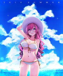 Rule 34 | 10s, 1girl, 2014, bemani, bikini, breasts, cleavage, cloud, day, front-tie top, hand on headwear, hat, large breasts, long hair, looking at viewer, maru (sw1tch), navel, ocean, open mouth, pink eyes, pink hair, rasis, side-tie bikini bottom, sky, solo, sound voltex, sound voltex ii infinite infection, sparkle, strap gap, summer, sun hat, swimsuit, thigh gap, water, white bikini